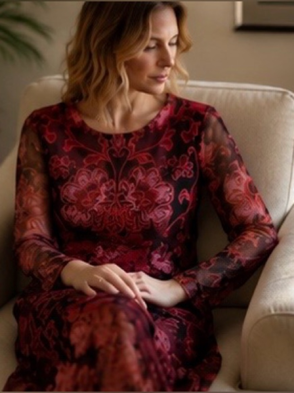 Jade by Johnny Was Tulus Mesh Midi Dress XS Scilla Floral Sheer Overlay - Picture 4 of 10